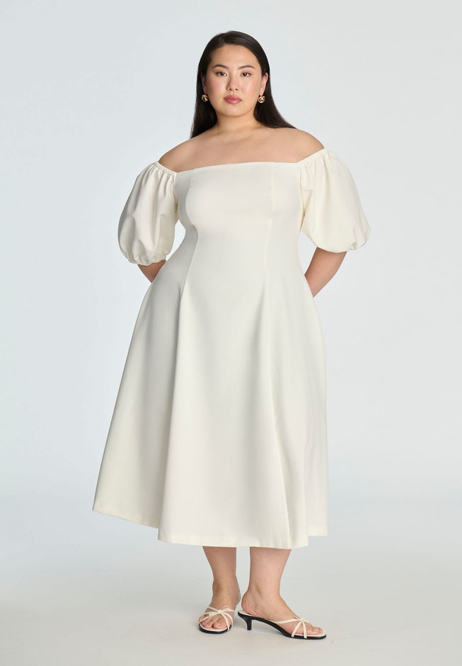 Off The Shoulder Puff Sleeve Midi Dress | ELOQUII Off The Shoulder Puff Sleeve Midi Dress | ELOQUII