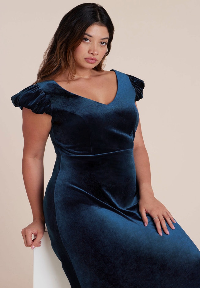  Velvet Short Puff Sleeve Maxi Dress image number 1