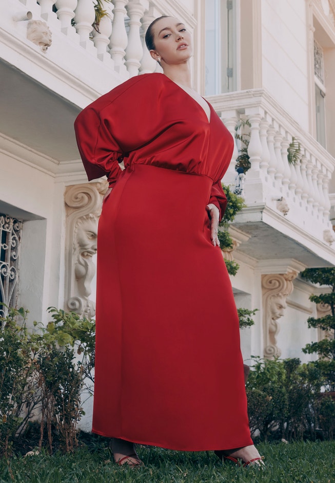 Dramatic Sleeve Satin Column Dress image number 0