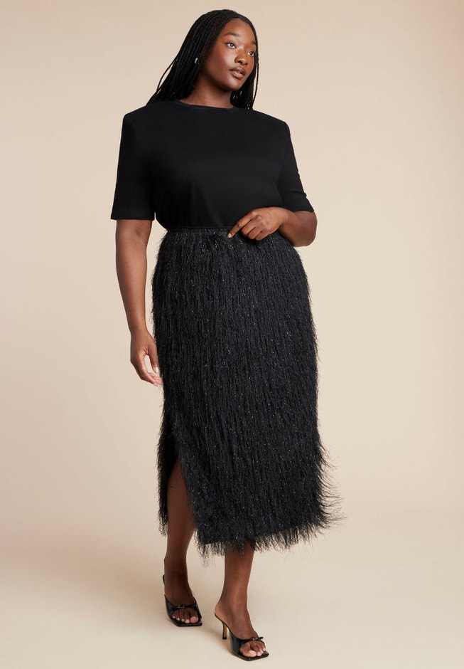 String Fringe Column Sparkle Textural Fringe Column Skirt | ELOQUII