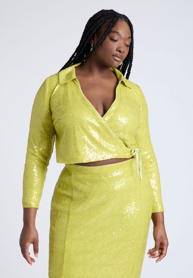 Sequin Wrap Collared Top image number null