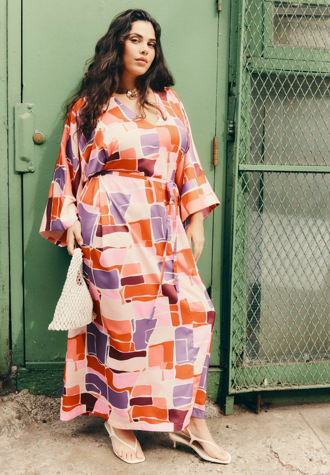 Printed Kimono Dress With Tie image number null