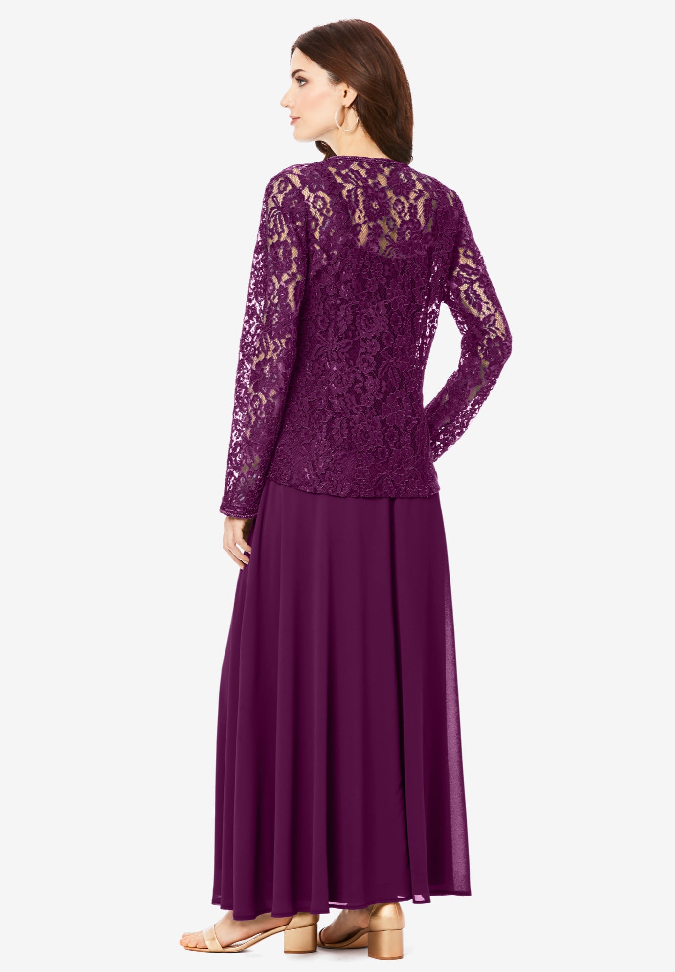 Plus-Size 2 Piece Long Sleeve Embellished Lace Jacket and Full Gown image number 3