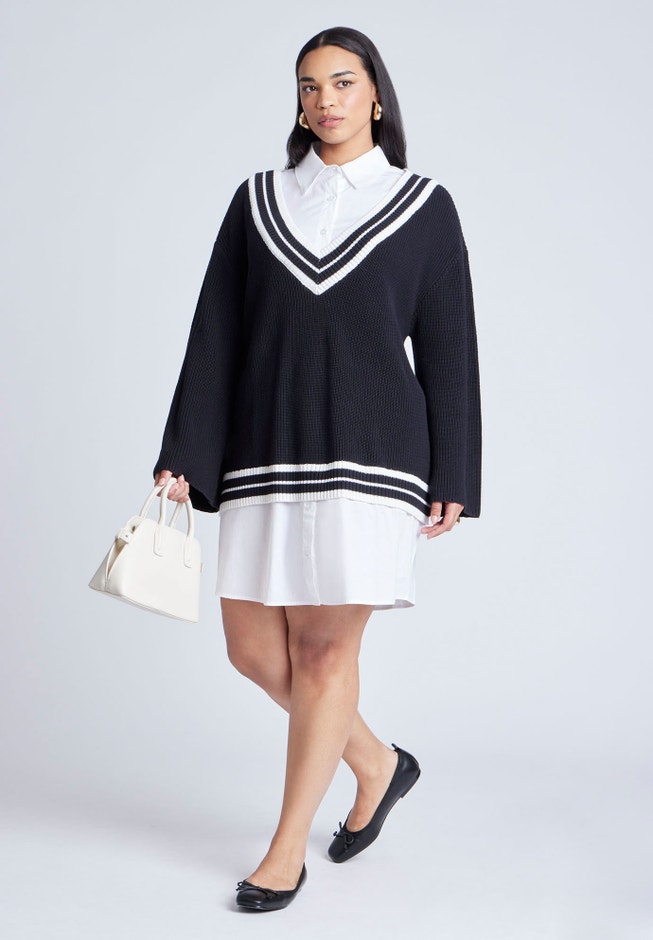 Striped Sweater Twofer Mini Shirt Dress image number null