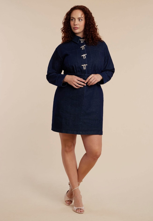 Denim Mini Dress With Rhinestone Bows image number null