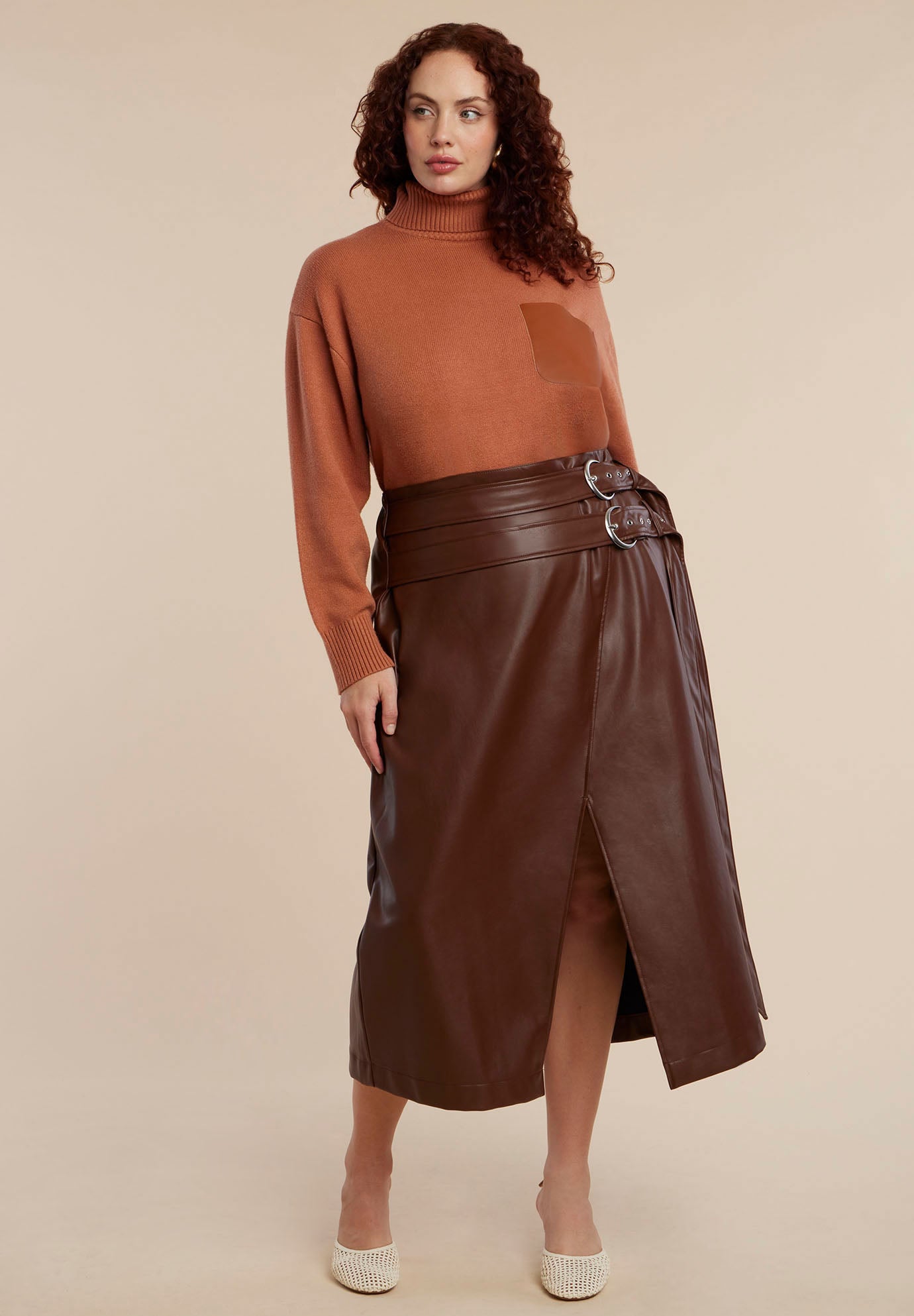 Faux Leather Pocket Turtleneck Sweater image number 3