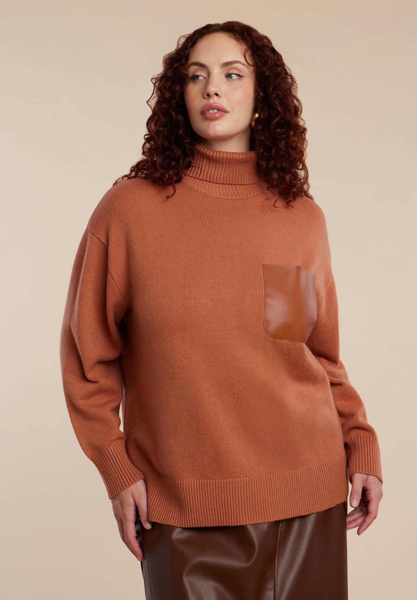 Faux Leather Pocket Turtleneck Sweater image number 0