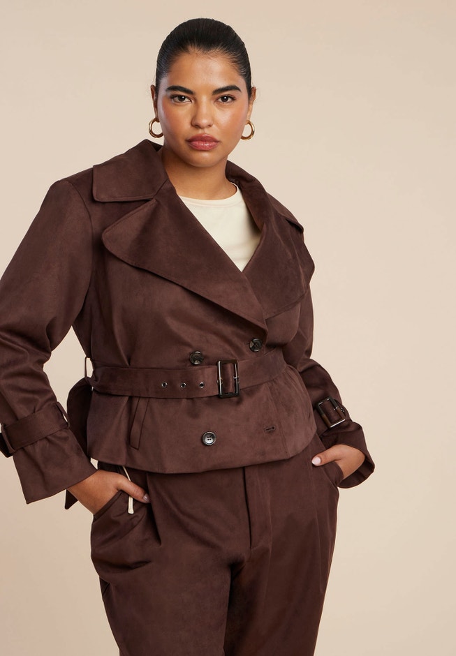Cropped Faux Suede Trench Jacket image number null