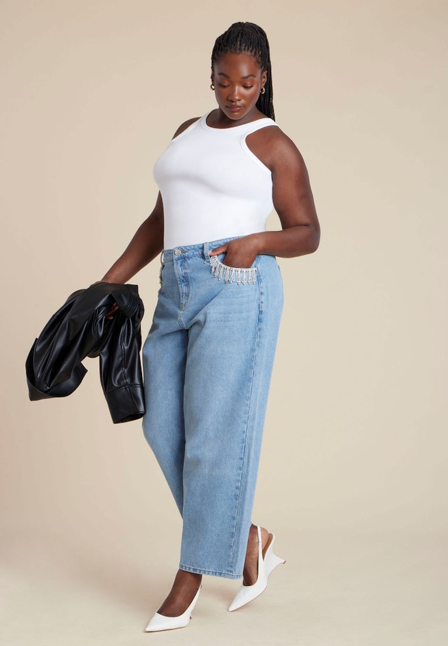Relaxed Jean With Rhinestone Trim Pocket image number 0