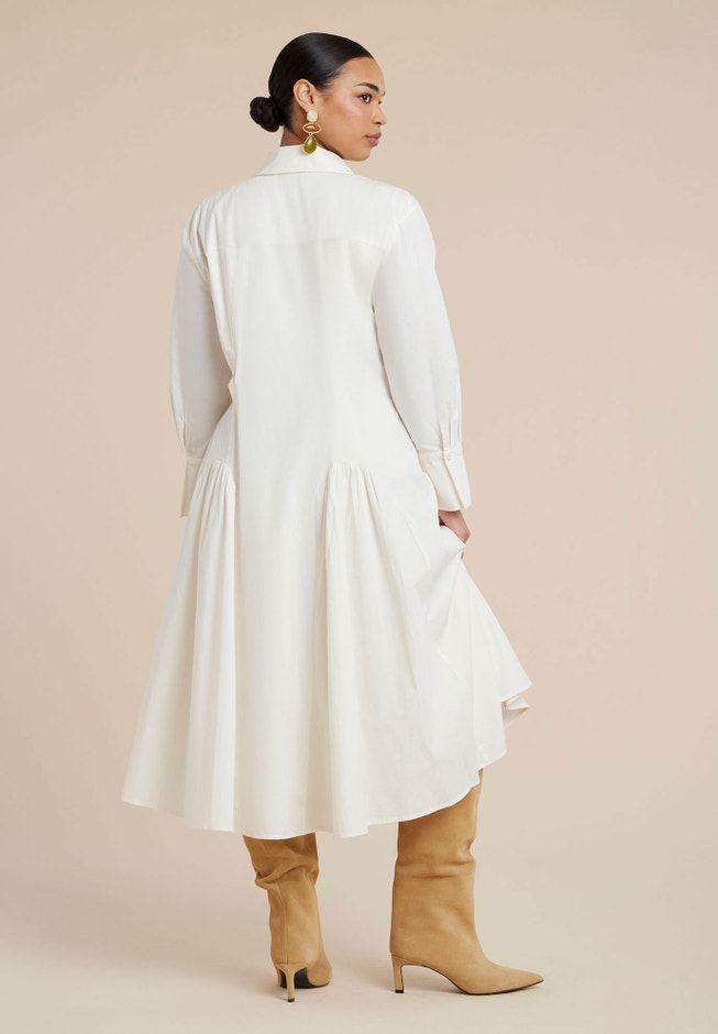 Shirred Godet Flare Poplin Dress image number null