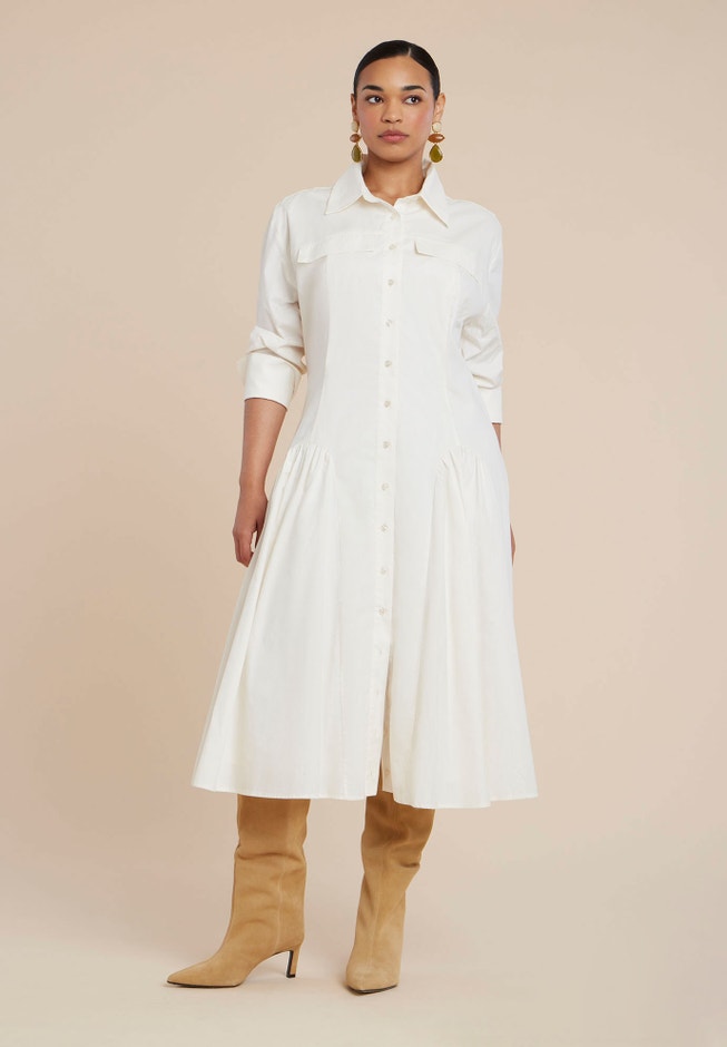 ELOQUII Women's Shirred Godet Flare Poplin Dress - Jet Stream ELOQUII Women's Shirred Godet Flare Poplin Dress - Jet Stream