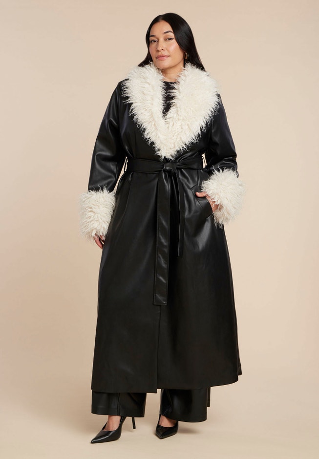 Faux Leather Coat With Fur Trim image number 4