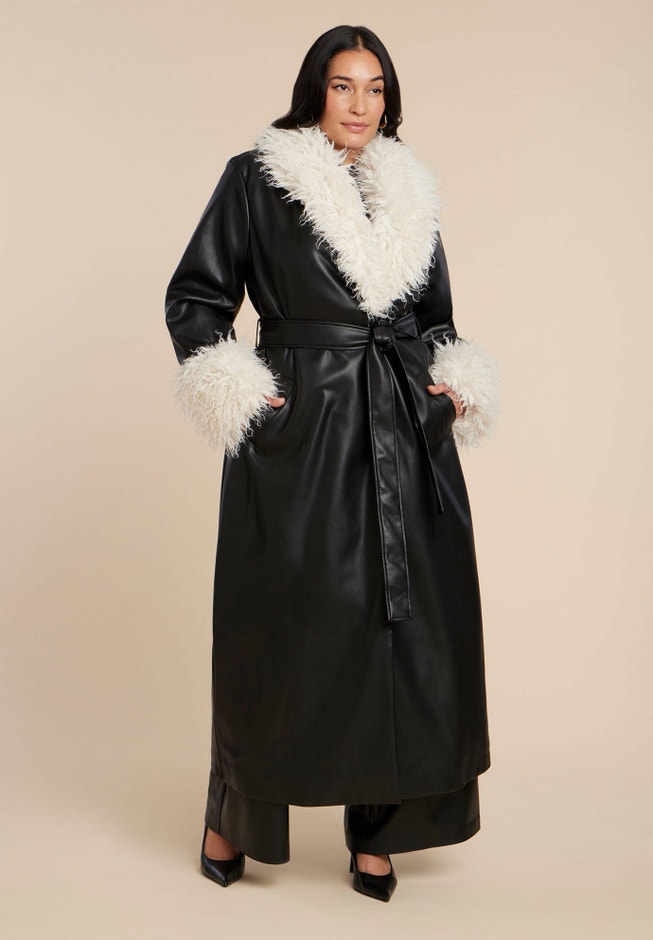 Faux Leather Coat With Fur Trim image number 0