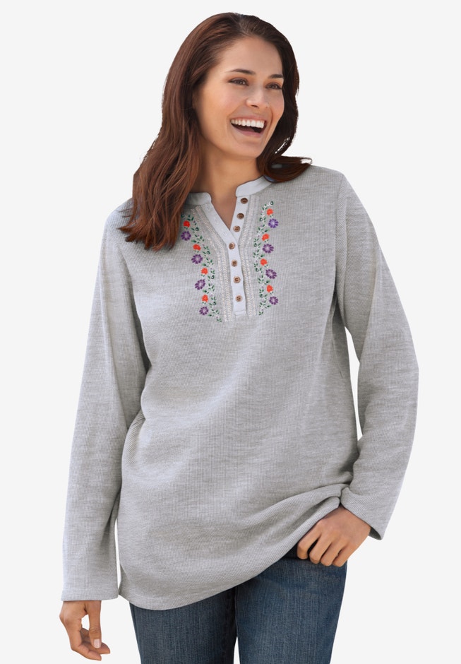 Embroidered Thermal Henley Tee image number 2