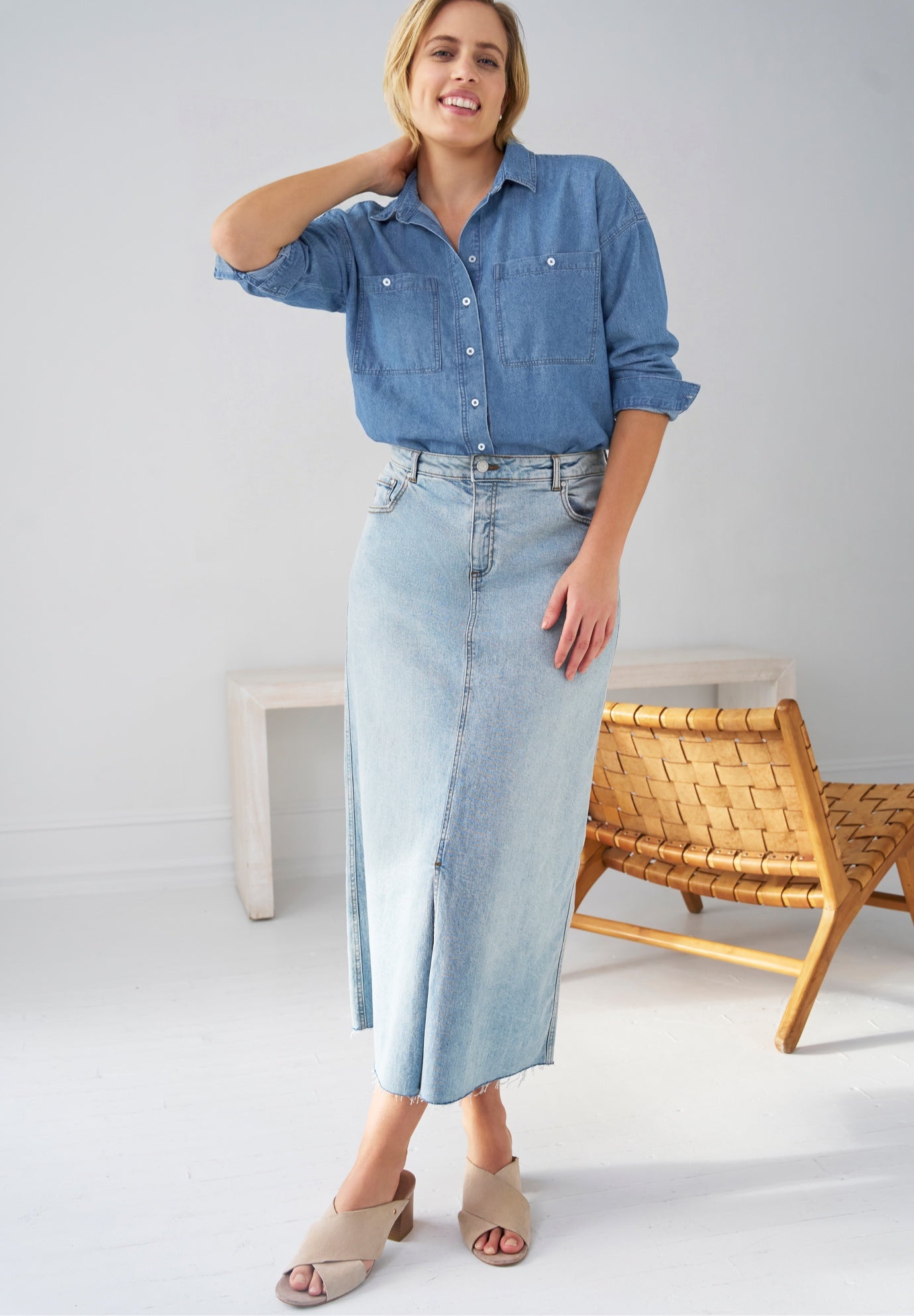 Oversized Button-Front Denim Shirt image number 0
