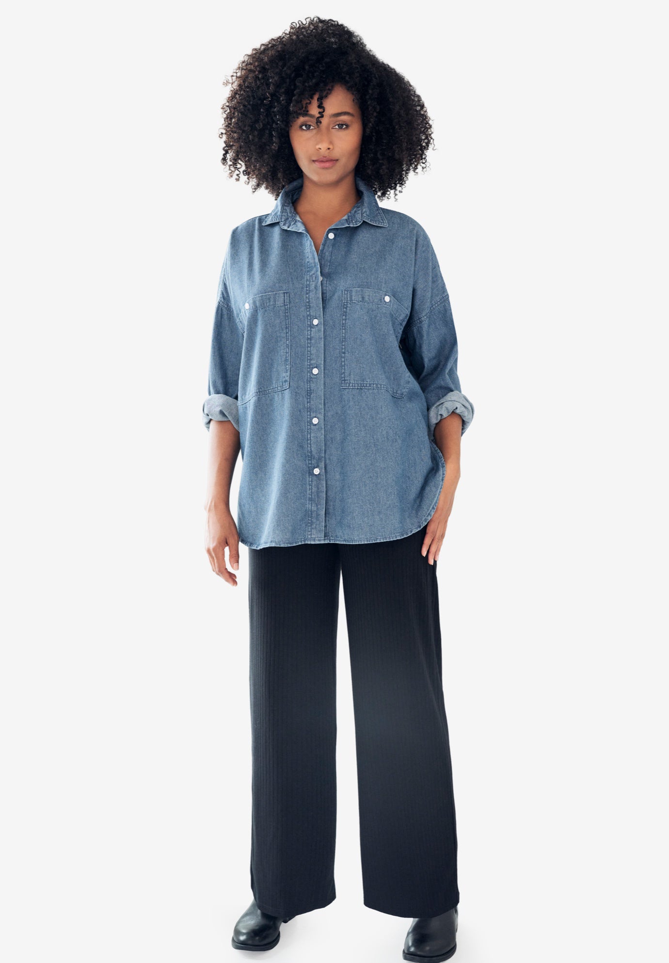 Oversized Button-Front Denim Shirt image number 3