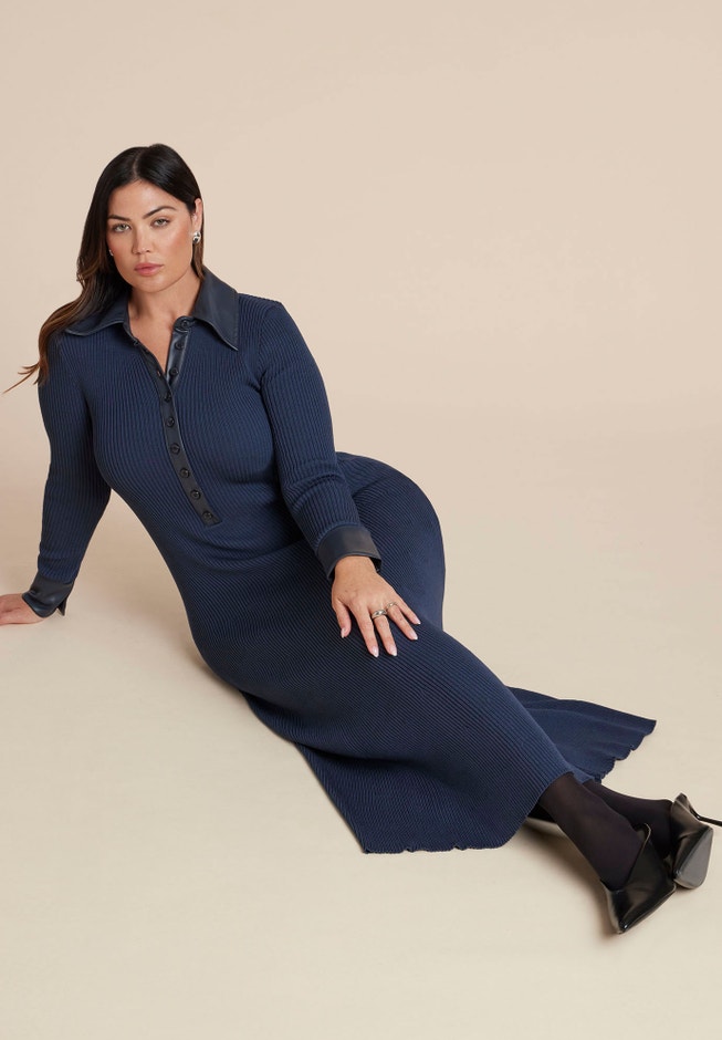  Faux Leather Detail Sweater Dress image number 1