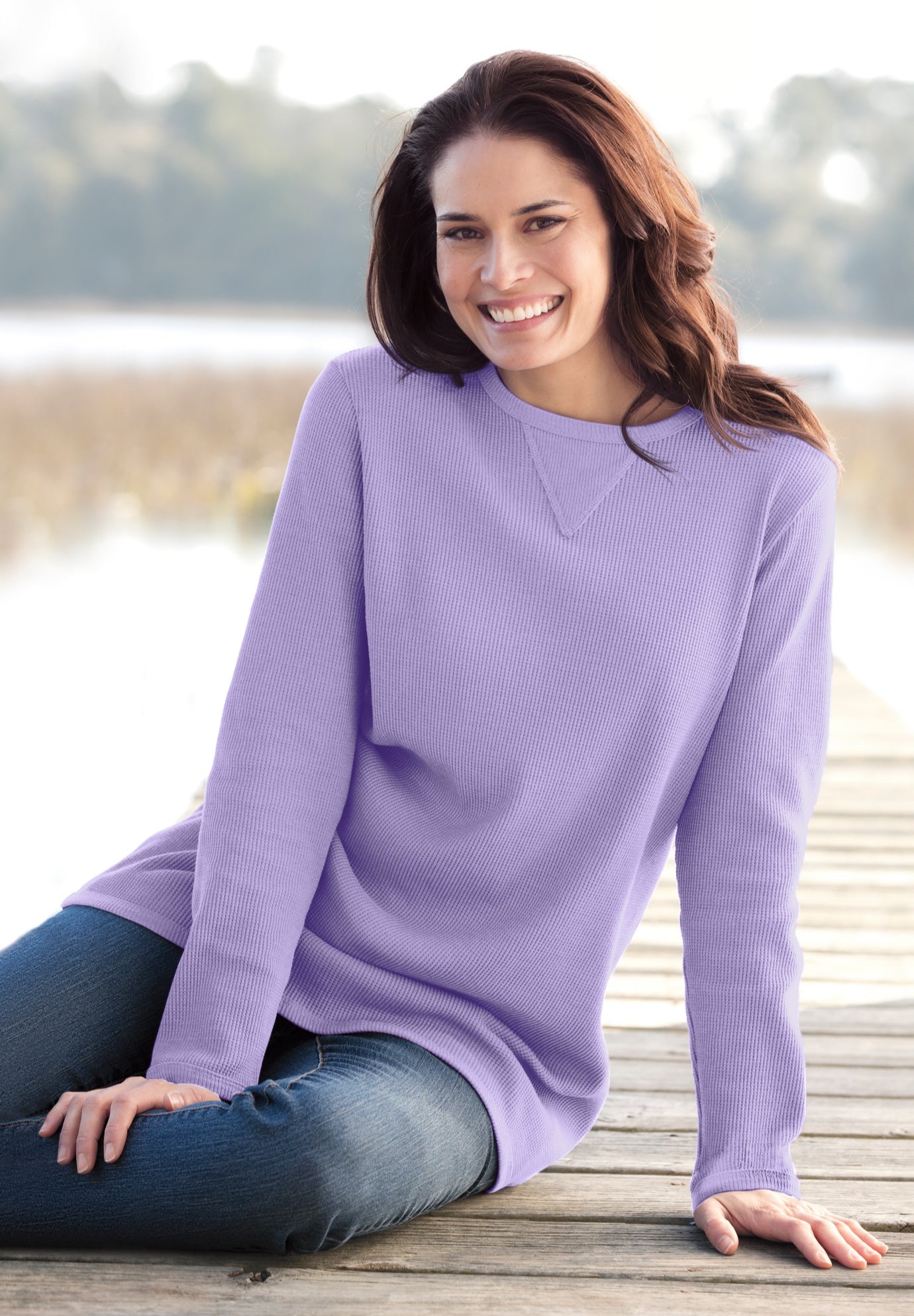 Long-Sleeve Crewneck Soft Waffle Knit Thermal Shirt image number 1