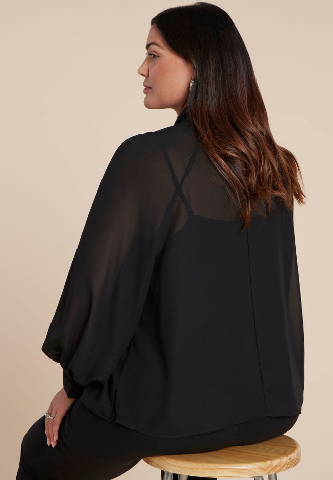 Sheer Neck Tie Blouse image number 1