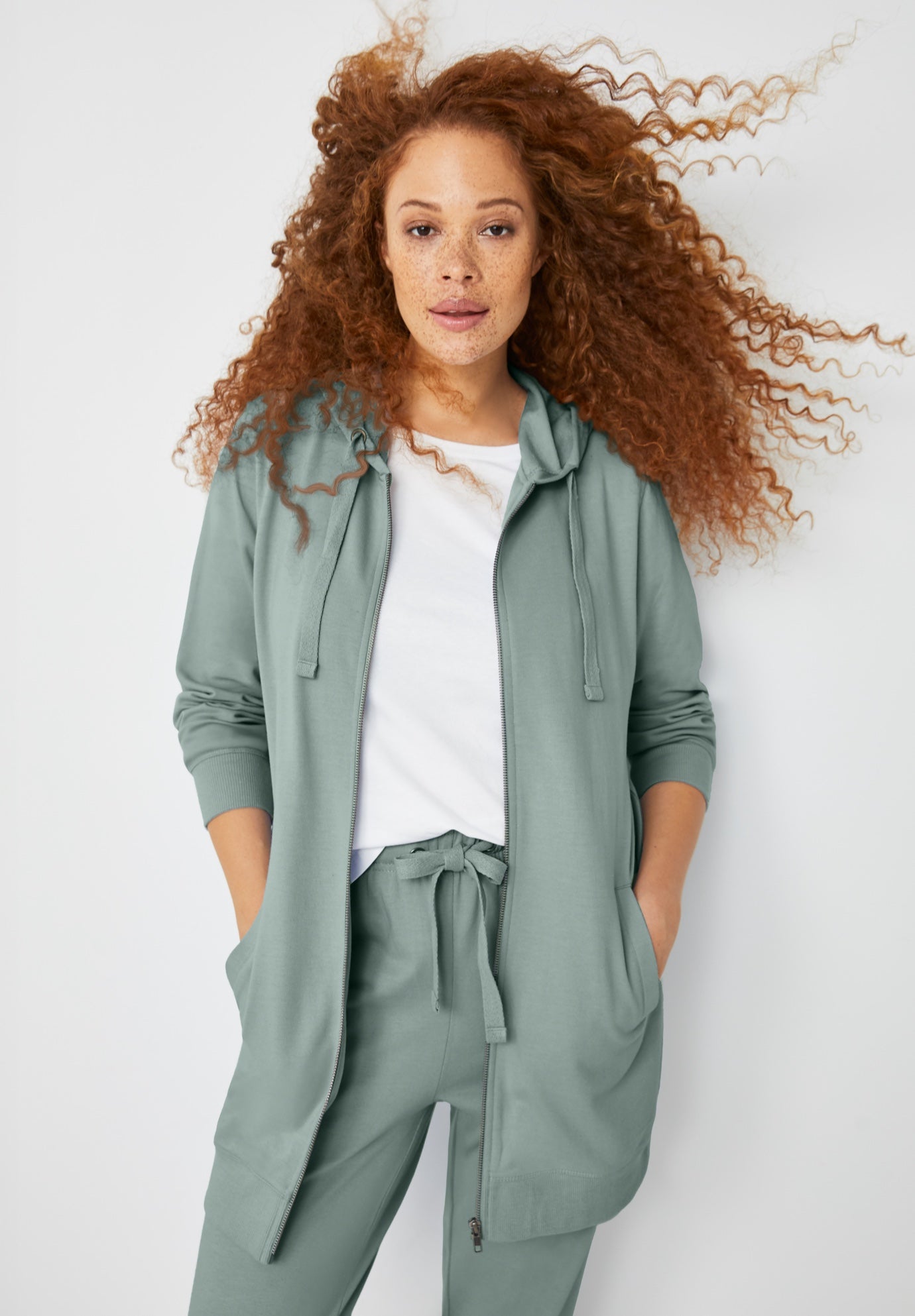 French Terry Long Sleeve Zip-Front Tunic Hoodie image number 0