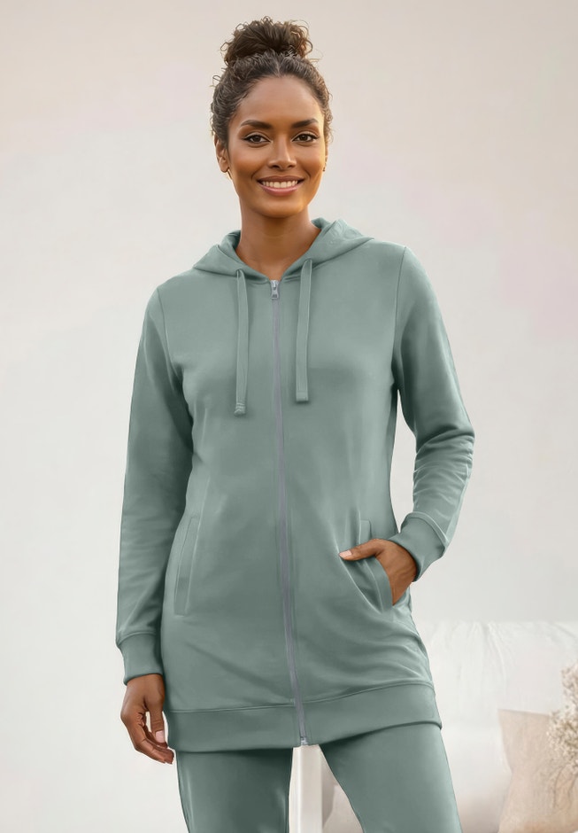 French Terry Long Sleeve Zip-Front Tunic Hoodie image number 2