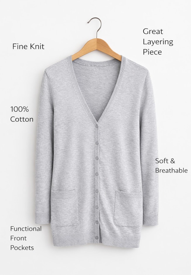 V-Neck Button-Front 100% Cotton Boyfriend Cardigan image number 1