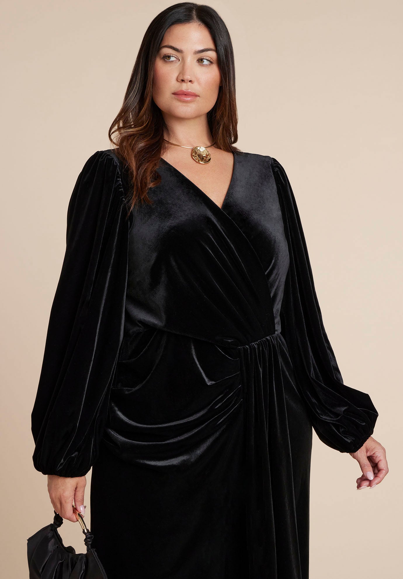 Velvet Puff Sleeve Pleated Dress image number 1
