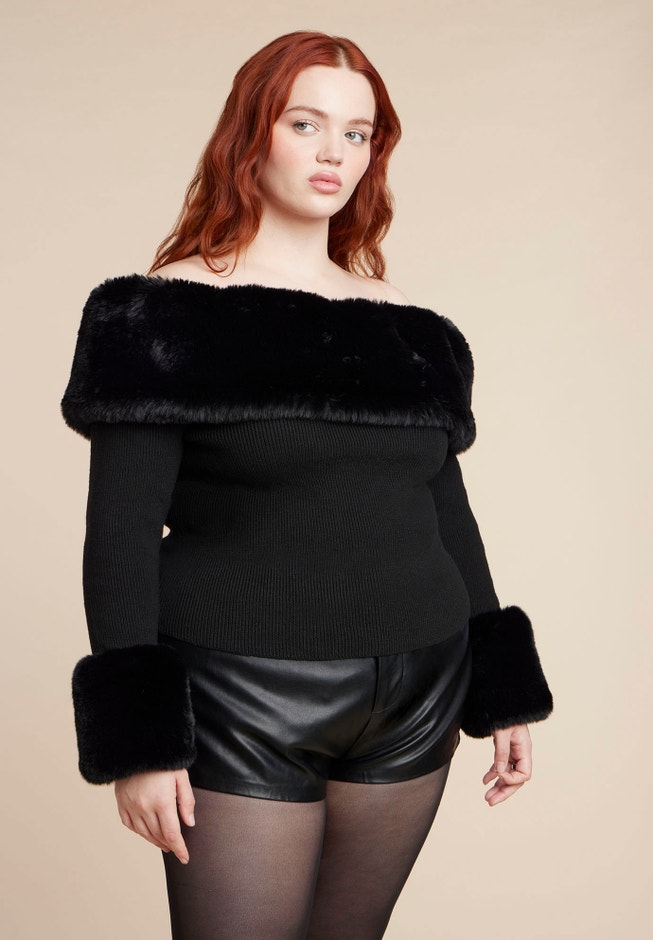 Faux Fur Off The Shoulder Sweater image number 1