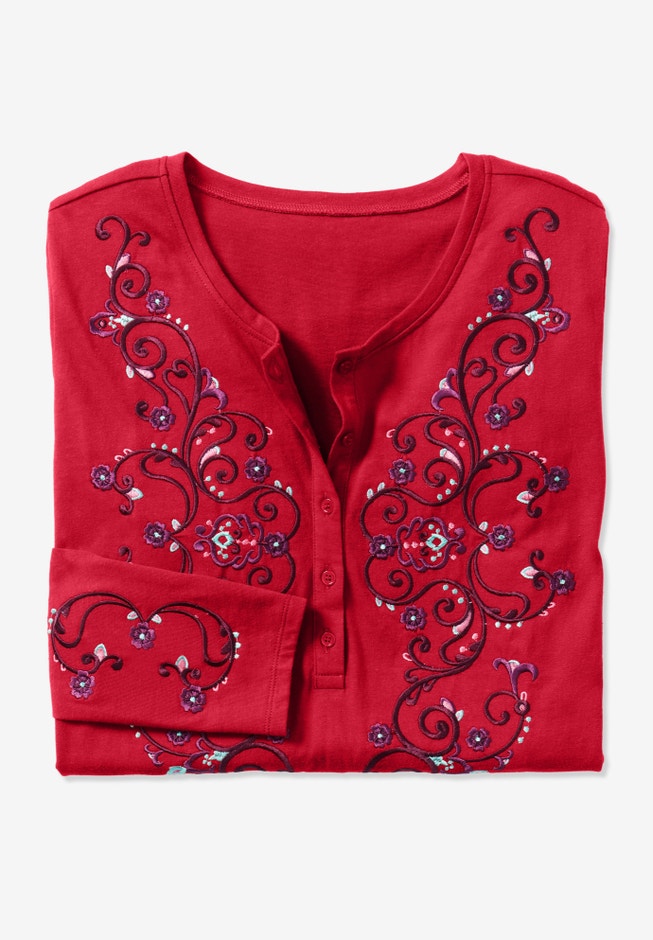 Embroidered Henley Tee image number 1