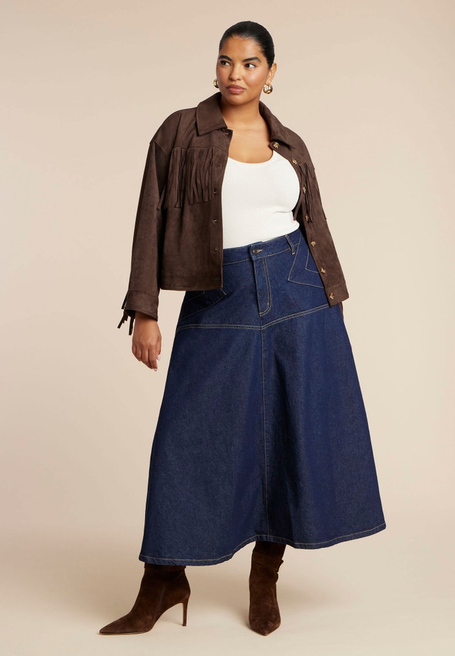  Denim Maxi Skirt With Seam Detail image number 1