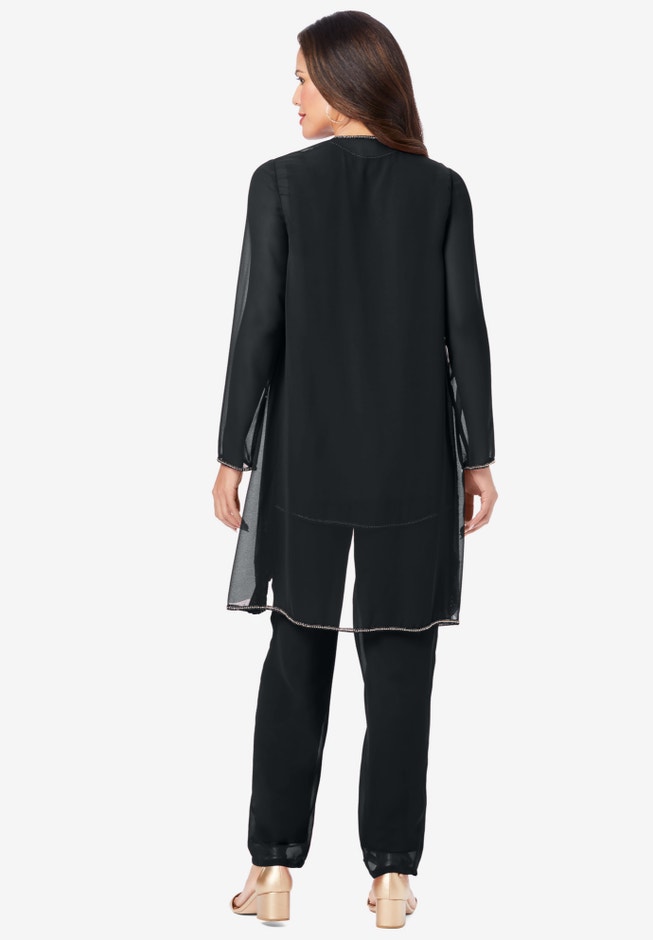 Plus-Size Long Sleeve Floral Beaded Georgette Three-Piece Pant Set image number 2