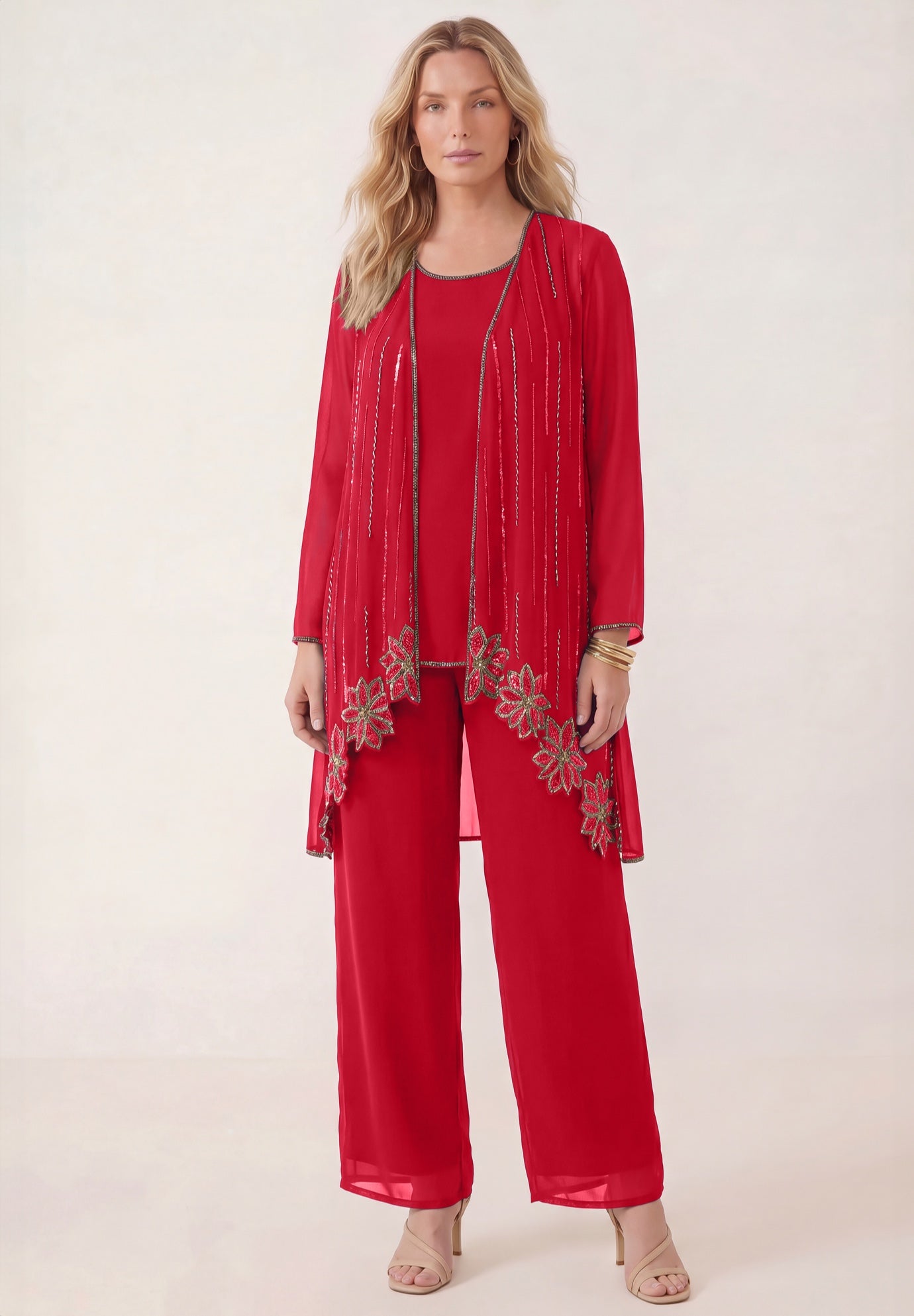 Plus-Size Long Sleeve Floral Beaded Georgette Three-Piece Pant Set image number 0
