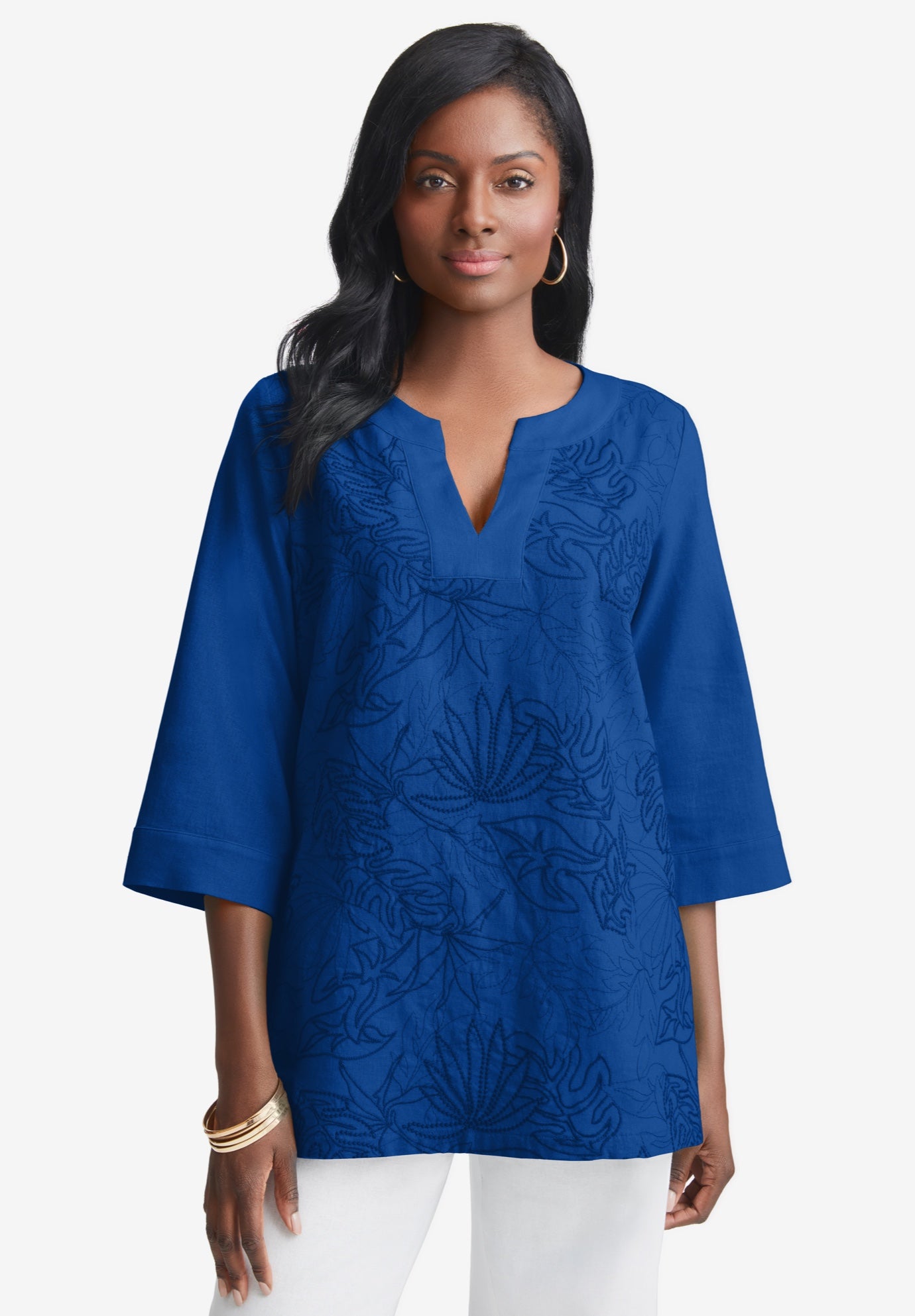 Linen V-Neck Embroidered Tunic image number 0