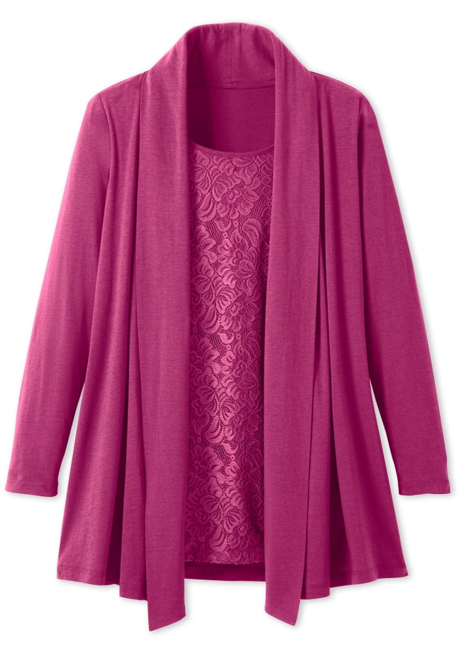 2-Fer Cardigan & Attached Lace Tunic image number 1