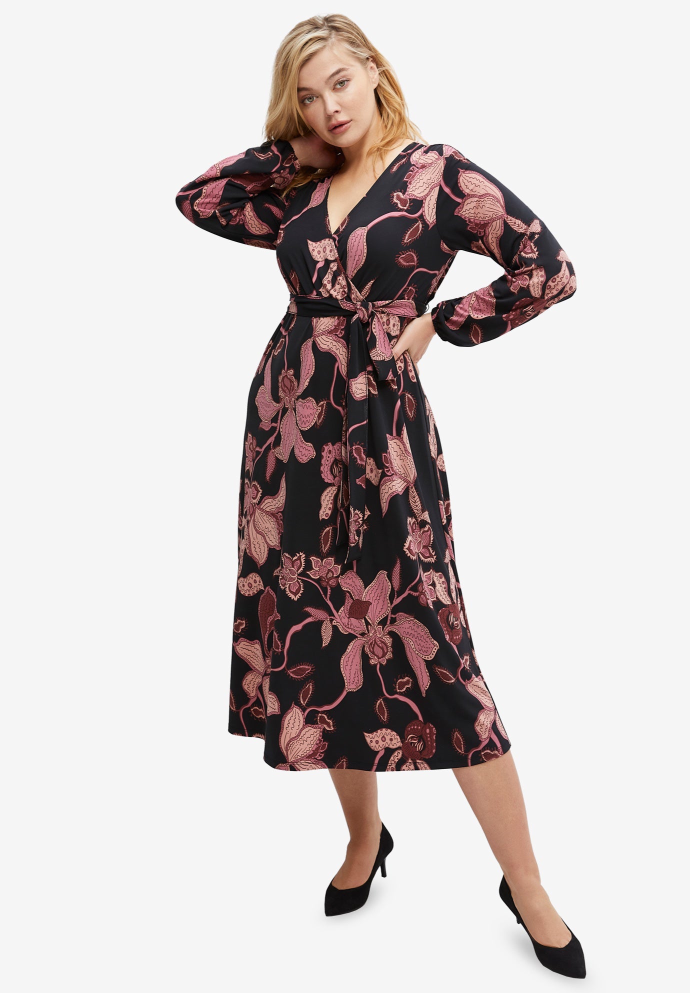 Knit Surplice Midi Dress With Self-Tie image number 0