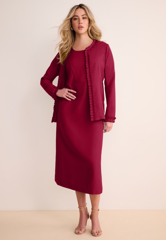 Plus Size Long Sleeve Pleated Jacket Dress Set Elegant 2-Piece Sheath Suit | ELOQUII Plus Size Long Sleeve Pleated Jacket Dress Set Elegant 2-Piece Sheath Suit | ELOQUII