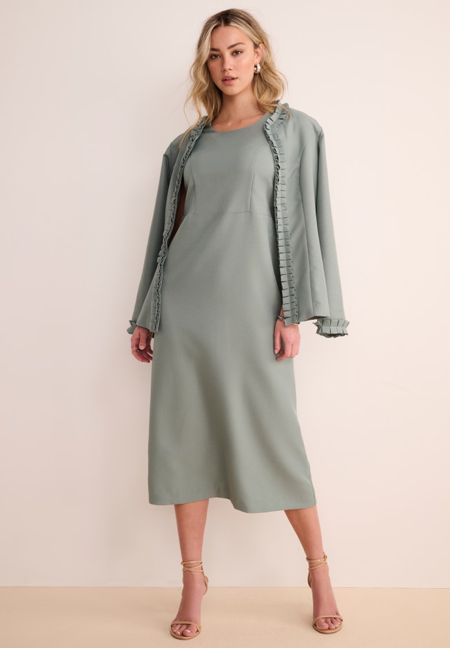 Plus Size Long Sleeve Pleated Jacket Dress Set Elegant 2-Piece Sheath Suit | ELOQUII Plus Size Long Sleeve Pleated Jacket Dress Set Elegant 2-Piece Sheath Suit | ELOQUII