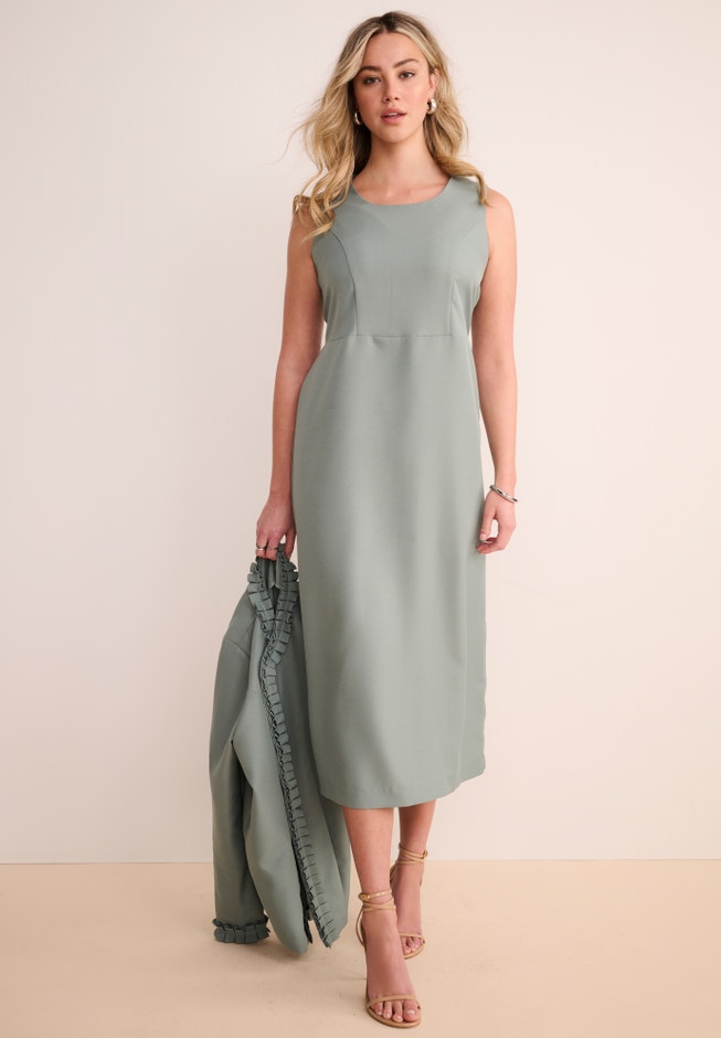 Plus Size Long Sleeve Pleated Jacket Dress Set Elegant 2-Piece Sheath Suit | ELOQUII Plus Size Long Sleeve Pleated Jacket Dress Set Elegant 2-Piece Sheath Suit | ELOQUII