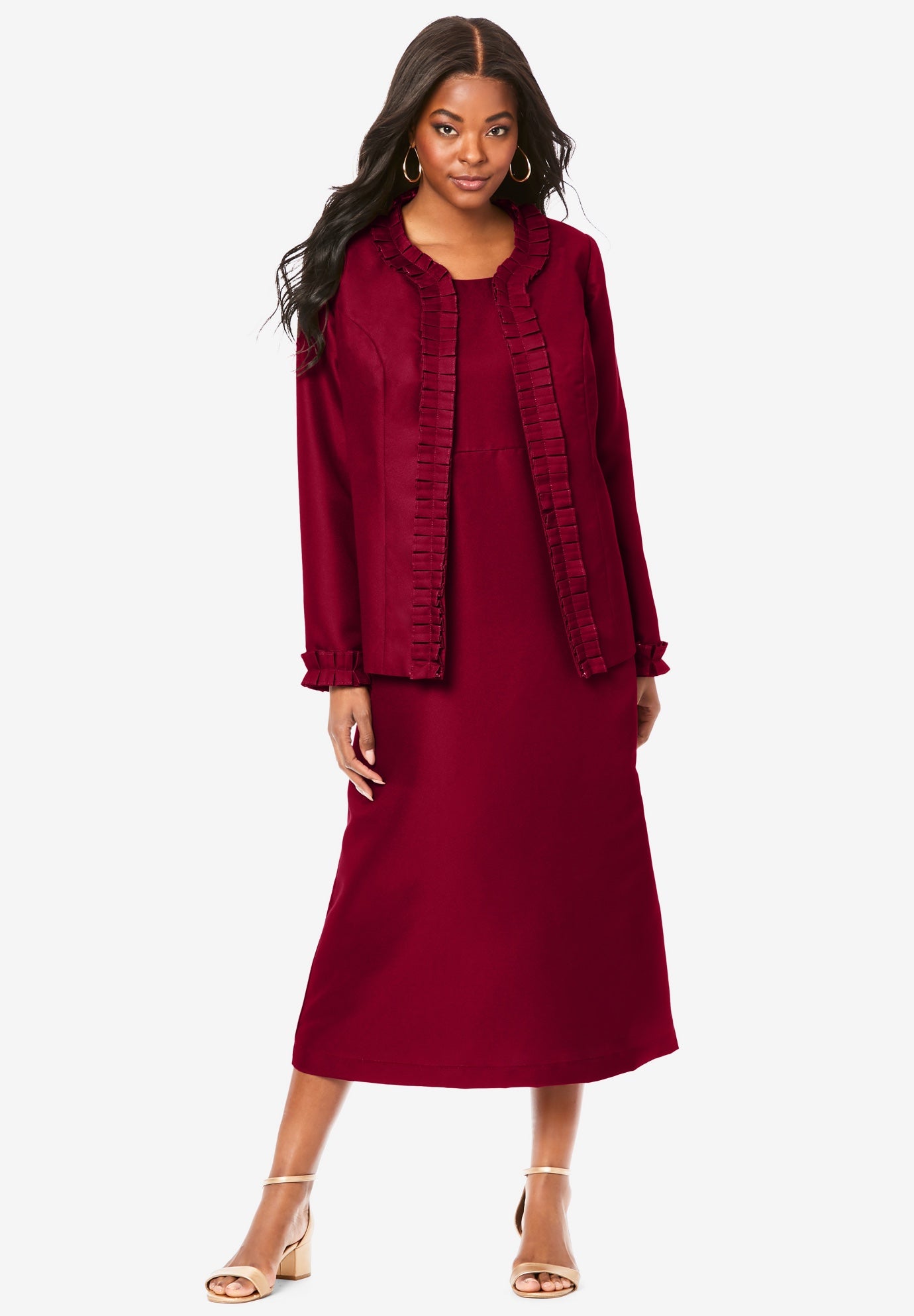 Plus Size Long Sleeve Pleated Jacket Dress Set – Elegant 2-Piece Sheath Suit image number 0