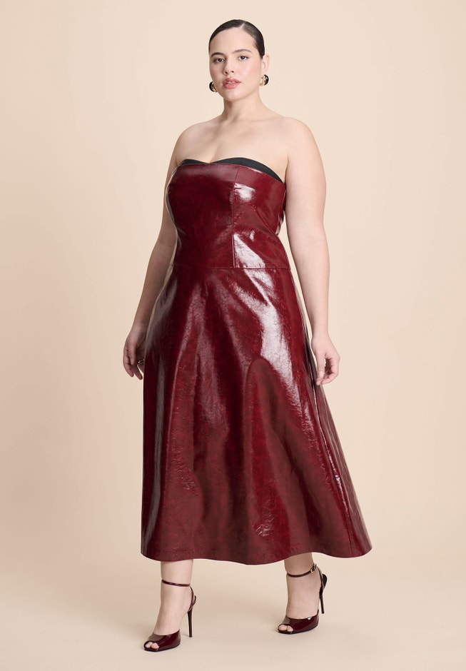 ELOQUII Women's Textured Faux Leather Dress With Cup Detail - Pomegranate ELOQUII Women's Textured Faux Leather Dress With Cup Detail - Pomegranate