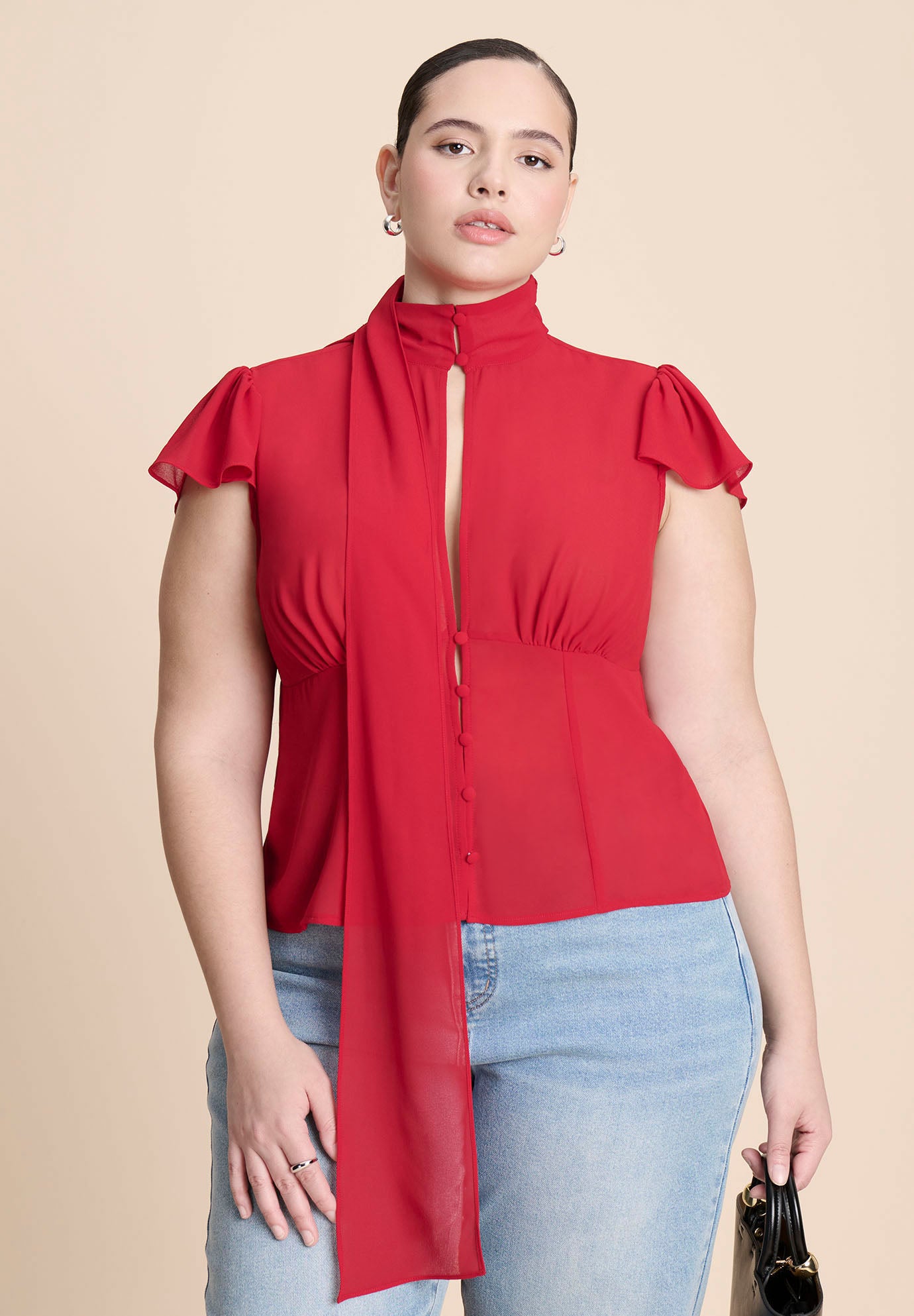 Flutter Sleeve Top With Necktie image number 1