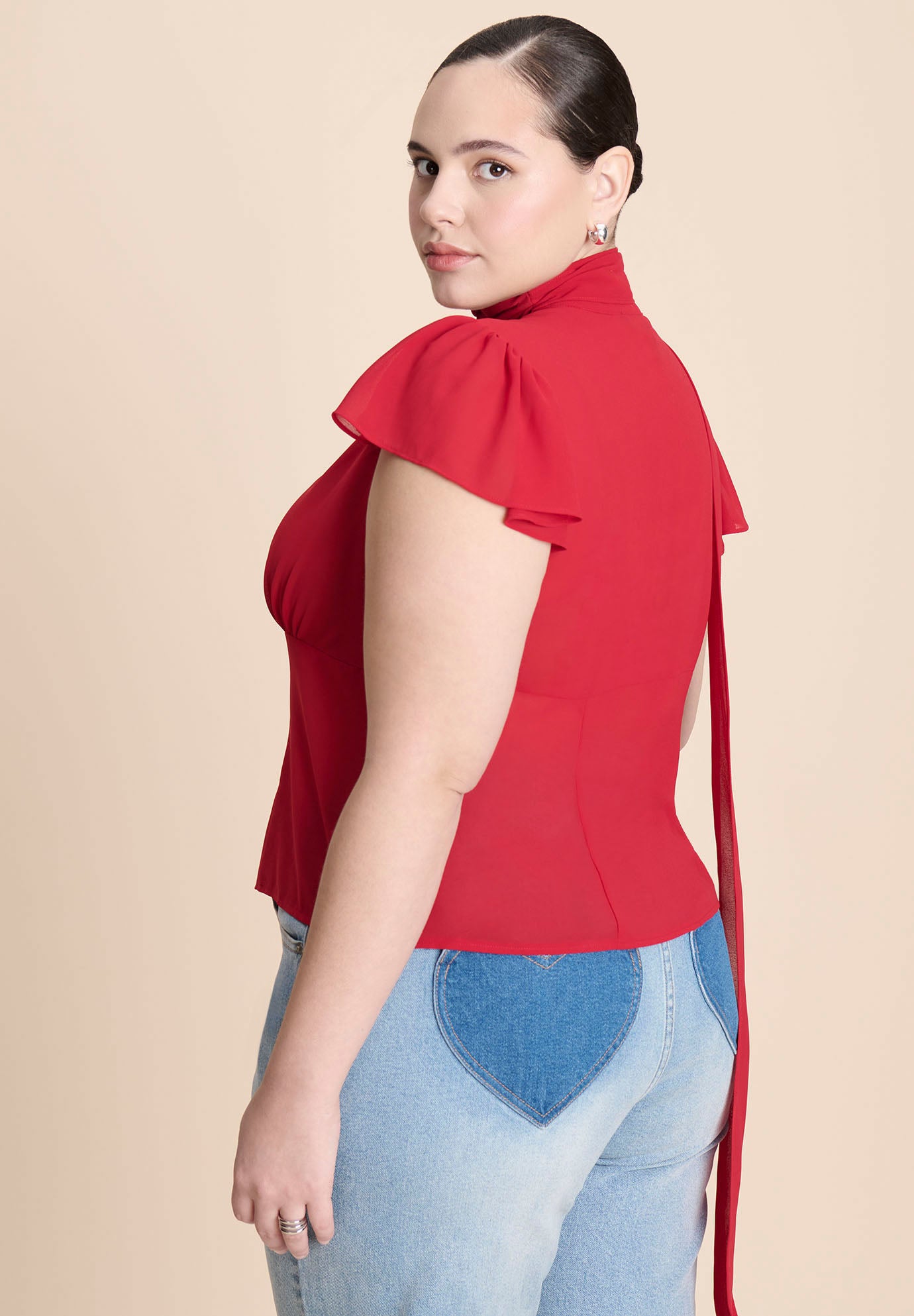 Flutter Sleeve Top With Necktie image number 2