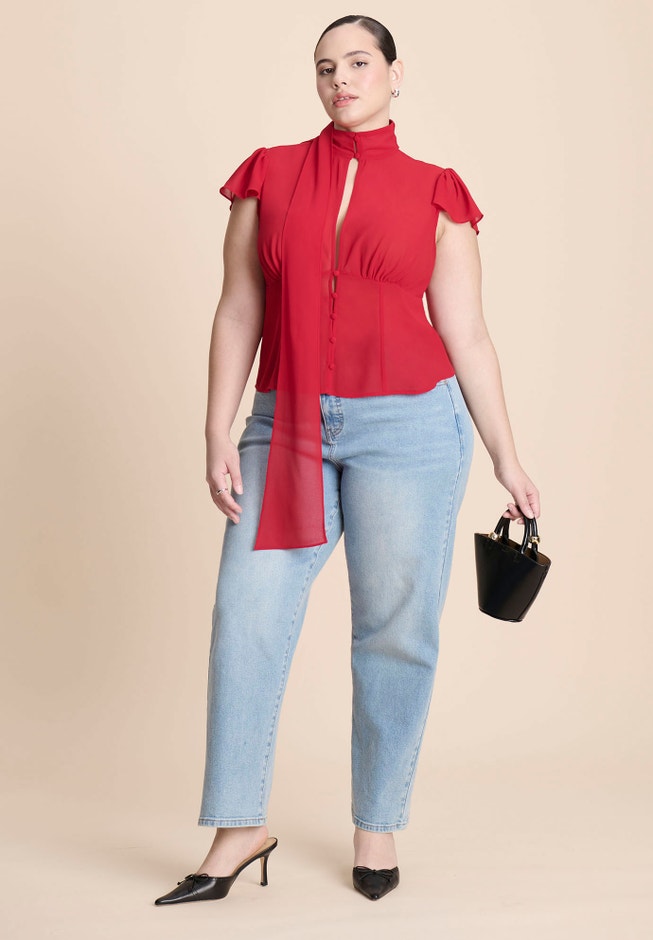 Flutter Sleeve Top With Necktie image number 4