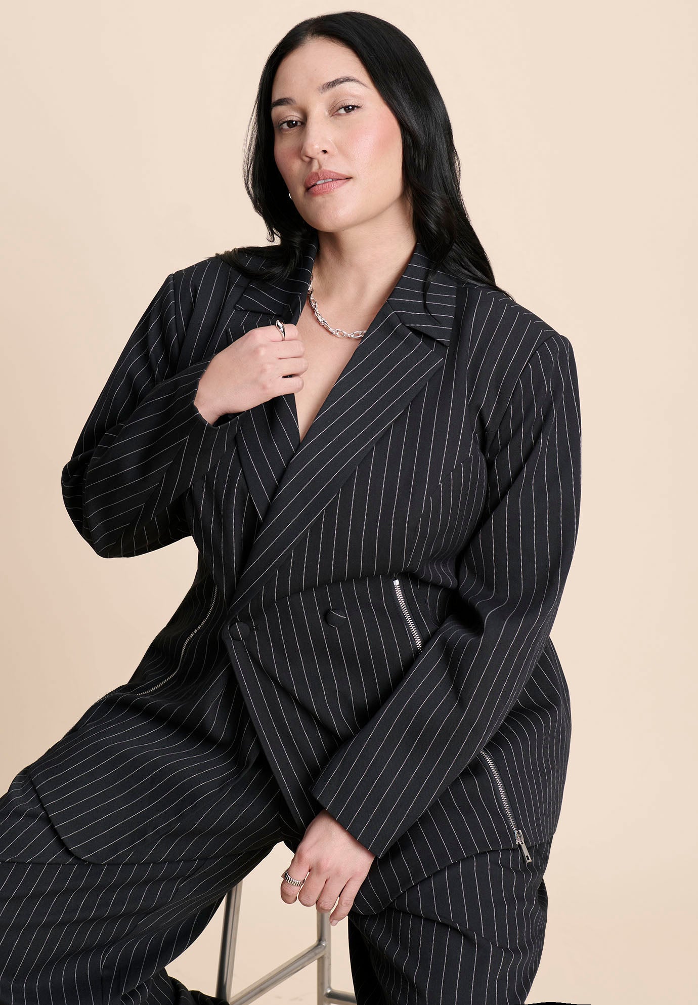 Zip Hem Pinstripe Blazer image number 2