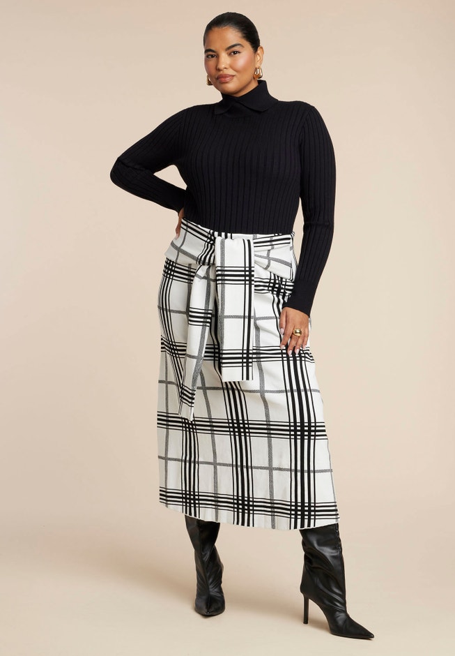 Plaid Midi Sweater Skirt With Sleeve Ties image number 1