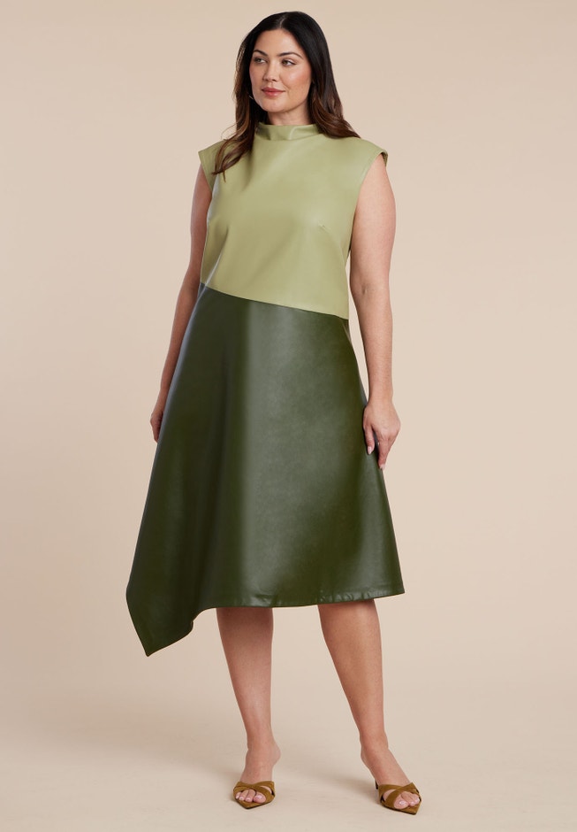 Colorblocked Draped Faux Leather Dress image number 1
