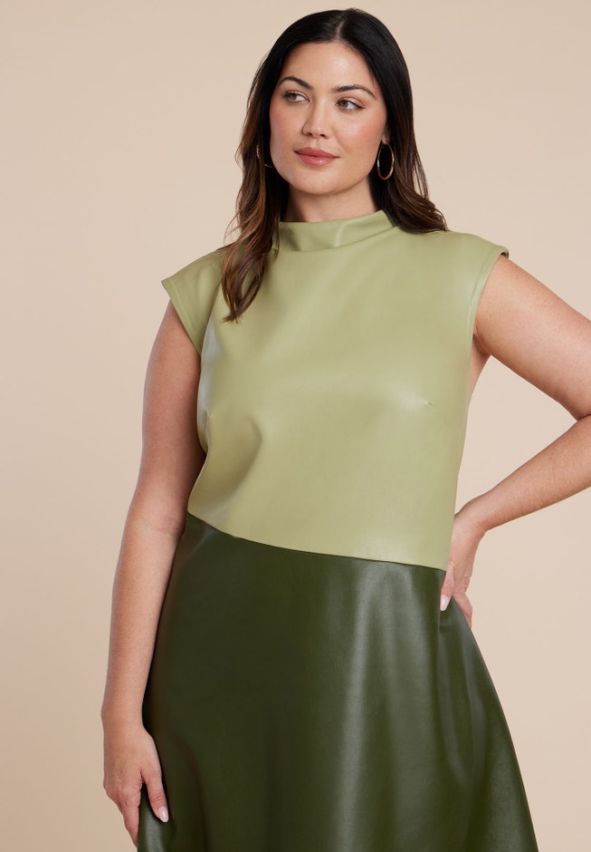 Colorblocked Draped Faux Leather Dress image number 2