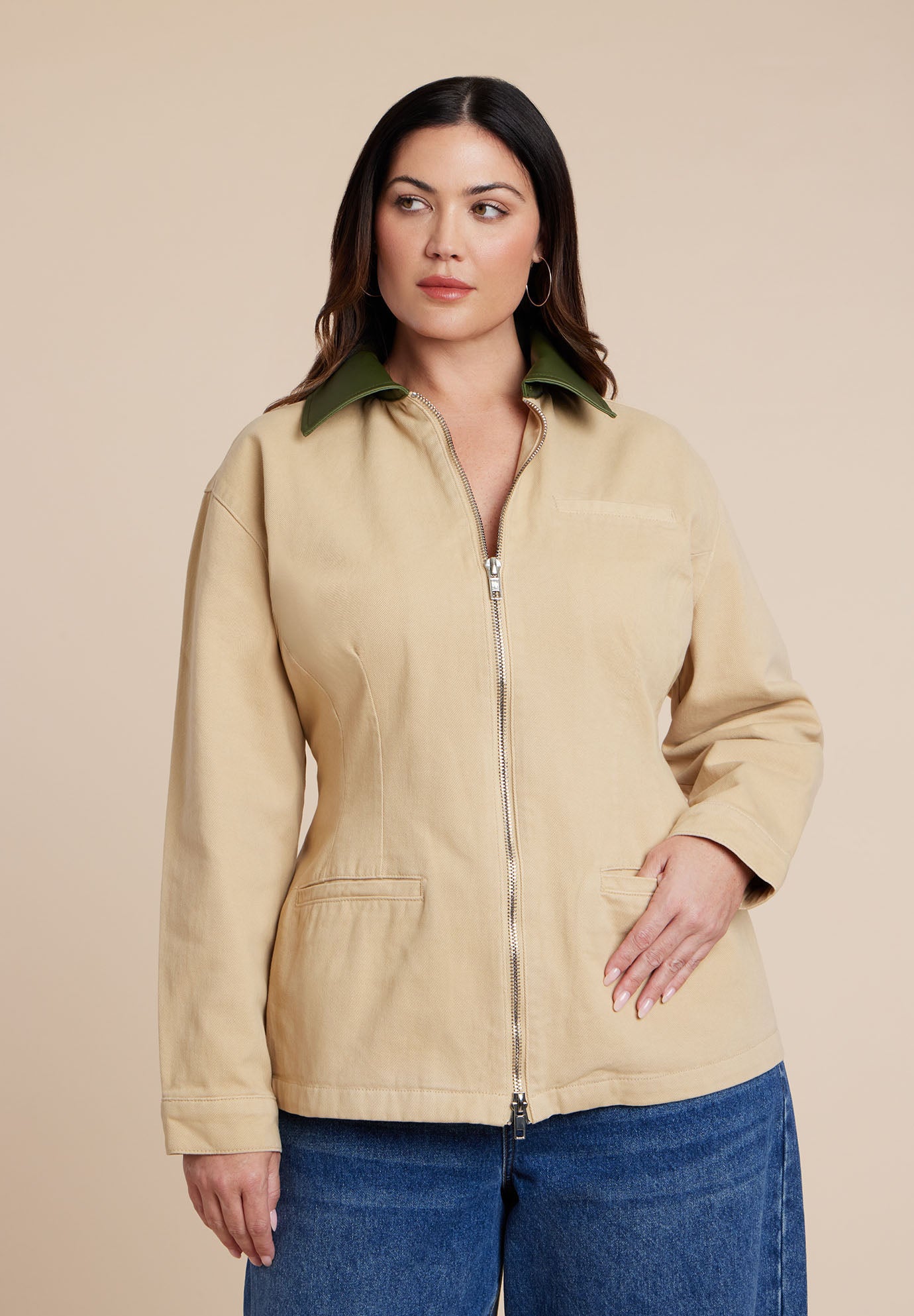 Nipped Waist Barn Jacket With Faux Leather Collar image number 0