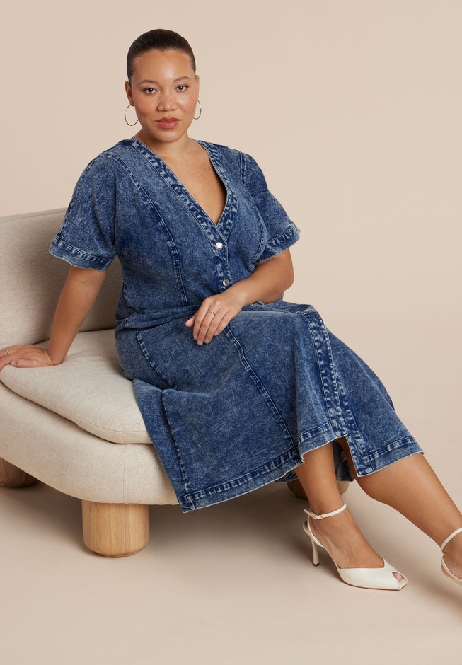 V Neck Flare Denim Dress image number 2