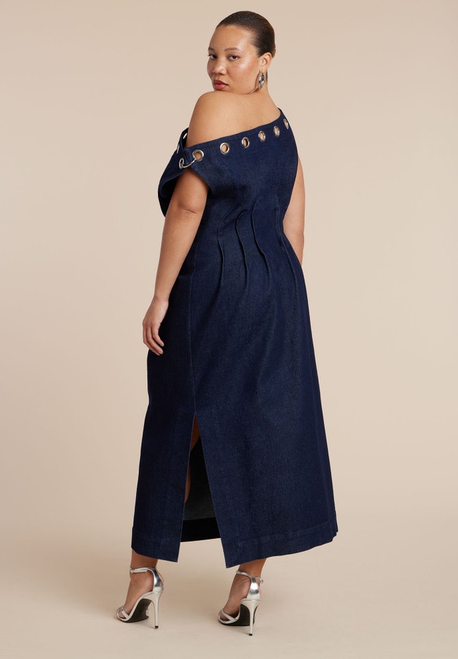 eloquii denim dress Puff Sleeve Denim Jacket Dress with Belt, Medium Wash
